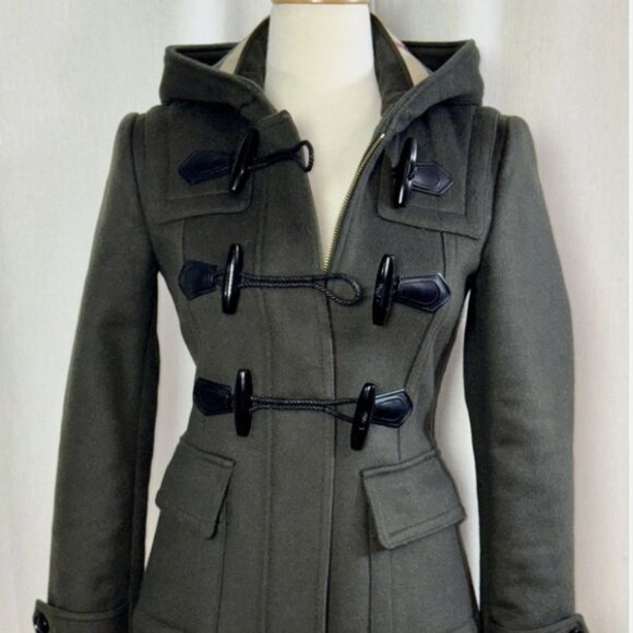 Burberry Brit Wool Toggle Duffle Coat Hood US2/XS Pine Green Nova Check Gold Zip - Picture 2 of 16